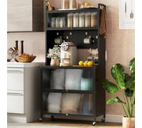 GIANTEX Meuble de Cuisine Haut 5 Niveaux, Buffet Cuisine Rangement avec roulettes, 10 Crochets, Portes Rabattable, Panneau Perforé, Meuble Vitrine en Acier, pour Salon, Salle à Manger (Noir)