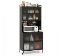 GIANTEX Meuble de Cuisine Haut 6 Niveaux, Buffet Cuisine Rangement avec roulettes, 10 Crochets, Portes Rabattable, Panneau Perforé, Meuble Vitrine en Acier, pour Salon, Salle à Manger (Noir)