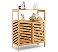 GIANTEX Meuble de Salle de Bain en Bambou, Commode de Salle de Bain, 2 Portes à Lamelles, Armoire de Rangement, Armoire de Cuisine avec Etagère Ouverte pour Couloir, Salon, Cuisine, 64 x 27,5 x 80 cm