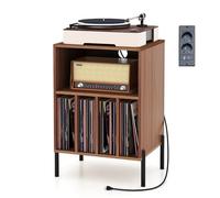 GIANTEX Meuble Platine Vinyle avec Prises, Meuble Tourne Disque pour 150 Albums, 2 Ports USB, 1 Type C, 5 Compartiments, Pieds en Métal, Support de Tourne-Disque, 53 x 45 x 78 CM (Marron Rustique)