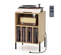 GIANTEX Meuble Platine Vinyle avec Prises, Meuble Tourne Disque pour 150 Albums, 2 Ports USB, 1 Type C, 5 Compartiments, Pieds en Métal, Support de Tourne-Disque, 53 x 45 x 78 CM (Naturel)