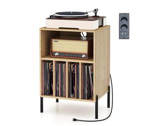 GIANTEX Meuble Platine Vinyle avec Prises, Meuble Tourne Disque pour 150 Albums, 2 Ports USB, 1 Type C, 5 Compartiments, Pieds en Métal, Support de Tourne-Disque, 53 x 45 x 78 CM (Naturel)