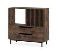 GIANTEX Meuble Platine Vinyle, Support pour Vinyles avec Compartiments Ouverts, 4 Séparateurs, Pieds Métalliques et Tiroir, Étagère pour Disques en Bois pour Salle de Musique, Salon (Marron)