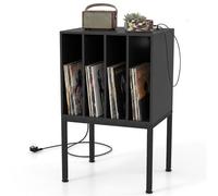GIANTEX Meuble Vinyle pour Tourne Disque avec Prises, Support de Rangement Platine Vinyle avec 4 Compartiments&Pieds Surélevés, Étagère d'Exposition pour Salon&Salle de Musique, 50x40x81CM (Noir)