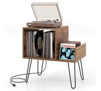 Giantex Meuble Vinyle, Rangement Vinyle avec Station de Charge Intégrée, 2 Ports USB, pour 145 Albums, Pieds Amovibles en Métal, Meuble Tourne Disque pour Bureau, Chambre, Salon, Marron