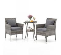 GIANTEX Salon de Jardin 2 Personnes en Rotin, Table de Jardin Extérieure avec 2 Chaises, Plateau en Verre Trempé, Coussins, Pieds Réglables, pour Cour, Terrasse, Balcon (Gris)