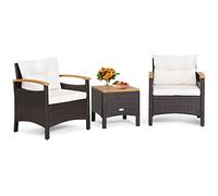 GIANTEX Salon de Jardin Extérieur 2 Personnes 3 Pcs en Résine, 1 Table Basse, 2 Fauteuils avec Coussin, Ensemble de Meuble de Jardin en Rotin PE avec Accoudoir pour Patio, Balcon, Blanc