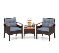 Giantex Salon de Jardin Extérieur 2 Personnes 3 Pcs en Résine, 1 Table Basse, 2 Fauteuils avec Coussin, Ensemble de Meuble de Jardin en Rotin PE avec Accoudoir pour Patio, Balcon, Gris