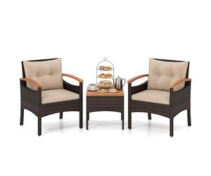 GIANTEX Salon de Jardin Extérieur 2 Personnes 3 Pcs en Résine, 1 Table Basse, 2 Fauteuils avec Coussin, Ensemble de Meuble de Jardin en Rotin PE avec Accoudoir pour Patio, Balcon, Beige