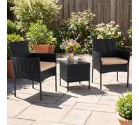 GIANTEX Salon de Jardin Exterieur en Rotin 3 Pièces, 2 Fauteuils avec Coussins Rembourrés Amovibles, Table Basse avec Plateau en Verre Trempé, Mobilier d'Extérieur pour Balcon, Cour, Terrasse (Marron)