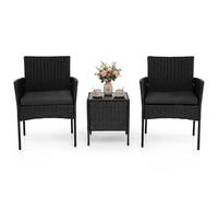 GIANTEX Salon de Jardin Exterieur en Rotin 3 Pièces, 2 Fauteuils avec Coussins Rembourrés Amovibles, Table Basse avec Plateau en Verre Trempé, Mobilier d'Extérieur pour Balcon, Cour, Terrasse (Noir)
