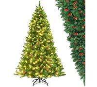 GIANTEX Sapin de Noël Artificiel 195 CM, Sapin de Noël avec 300 LED Blanc Chaud, Arbre de Noël avec Pommes de Pin & Baies Rouges, Support en Métal, Décoration de Noël pour Salon, Bureau (195 cm)
