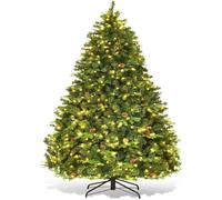 GIANTEX Sapin de Noël Artificiel Lumineux 2,4M- 600 LED Blanc Chaud- 1335 Branches et 81 Pommes de Pin,Support en Fer- Vert