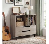 GIANTEX Support pour Tourne-Disque, 2 Tiroirs, 5 Compartiments Ouverts, Pied en Métal, Meuble de Rangement, 91x35x87cm, Gris