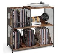 GIANTEX Support pour Tourne-Disques 3 Niveaux, Presentoir Disque Vinyle pour 300 Albums, 3 Diviseurs Amovibles, Rangement pour Albums, Cadre en Métal, Bibliothèque pour Salon, Studio, Bureau (Marron)