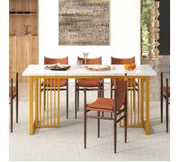 GIANTEX Table à Manger en Effet Marbre L160 cm- Table de Cuisine Rectangulaire- pour 6-8 Personnes-Pieds en Métal-Blanc Scandinave