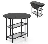 Giantex Table à Manger Pliable, Table de Cuisine Ronde pour 2 à 4 Personnes, Table de Salle à Manger avec 2 Roues, Table Pliante de Cuisine avec 2 étagères en Grille, Table à Manger Pliable Aspect