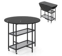 GIANTEX Table à Manger Pliante avec 2 Roulettes, Etagères à 2 Niveaux, Plateau en effet marbre, Cadre en Métal, 100x100x80cm, Noir