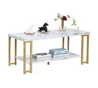 GIANTEX Table Basse 2 Niveaux, Structure en Métal, Marbre, avec Coussinets Antidérapants, Table de Rangement Solide, Style Moderne, pour Salon, Bureau, Chambre, 100x50x45 cm, Blanc+Or