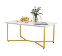 GIANTEX Table basse rectangulaire en imitation marbre blanc avec cadre en métal doré et coussinets réglables, table d'appoint de rangement moderne pour salon, bureau