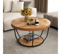 GIANTEX Table Basse Ronde Bois, Table de Salon 2 Niveaux avec Étagères, Cadre Métallique, Design Industriel, 80 x 80 x 45 cm, pour Salon, Chambre, Bureau (Naturel)