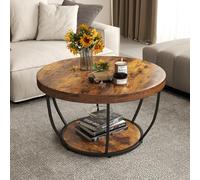 GIANTEX Table Basse Ronde Bois, Table de Salon 2 Niveaux avec Étagères, Cadre Métallique, Design Industriel, 80 x 80 x 45 cm, pour Salon, Chambre, Bureau (Marron)