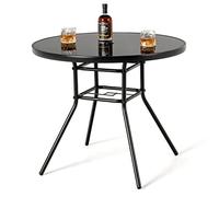 GIANTEX Table Bistrot 86 cm, Table à Manger de Jardin avec Trou pour Parasol de 3,5 cm, Plateau en Verre Sérigraphié, Cadre en Métal, Table d'Appoint Ronde, pour Jardin, Terrasse, Noir
