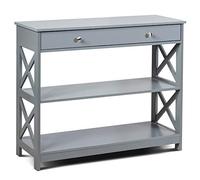 GIANTEX Table Console Entrée 3 Niveaux, Console Meuble avec 1 Grand Tiroir, 2 Étagères, Dispositif Anti-Basculement, Cadre en X, Meuble Entrée Étroite 100 X 30 X 80 CM, pour Couloir, Salon (Gris)