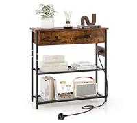Giantex Table Console Étroite avec Prise, Meuble Console avec 1 Ports USB, 1 Type-C, Table d'Entrée Industriel avec 2 Tiroirs, 2 Étagères en Treillis Métallique, 81 x 30 x 81 cm(Marron Rustique)