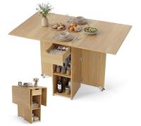 GIANTEX Table Cuisine Pliante avec 2 Roues, Table a Manger, 1 Tiroir et 2 Étagères Ouverte, Design Extensible, Peu Encombrant, pour Salle à Manger, Cuisine, Dimensions Plié 42 x 72 x 75 cm, Naturel