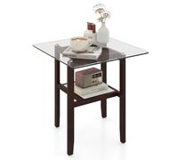 GIANTEX Table d'appoint en verre rectangulaire moderne - Table basse à 2 niveaux - Table basse avec pieds en bois massif - Table carrée en verre pour salon, bureau (61 x 61 x 62 cm)