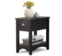 GIANTEX Table d'appoint latérale rétro avec tiroir et étagère ouverte, table de nuit rectangulaire avec pieds en bois massif, étroite pour petits espaces, salon, chambre (noyer, 1)