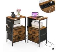 GIANTEX Table de Chevet avec 2 Prises et 2 Ports USB, Table de Nuit à 2 Tiroirs avec 6 Poches Latérales & Station de Charge, Table d’Appoint Étroite pour Salon, Chambre, Bureau (2)