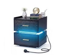 GIANTEX Table de chevet avec 2 tiroirs et station de charge intégrée - Table de chevet avec barre lumineuse LED RVB avec 16 couleurs et luminosité réglable - Table d'appoint pour salon, chambre à
