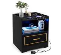 GIANTEX Table de chevet avec lumière LED, éclairage 3 couleurs, détecteur de mouvement, port USB et station de charge de type C, table d'appoint, table basse, table basse, shabby blanc, noir, 45 x 40
