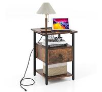 GIANTEX Table de chevet avec station de charge, table de chevet avec 2 prises, table d'appoint, table basse avec tiroir et étagères ouvertes, commode de chevet, console de chevet, 40 x 40 x 55 cm