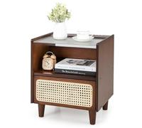 GIANTEX Table de Chevet en Bambou avec tiroir en rotin et Compartiment Ouvert, Table d'appoint avec Plateau en Verre, Table Basse en Bois Vintage, Commode de Chevet avec Fentes pour Passe-câbles