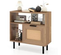 Giantex Table de Chevet en Rotin avec Rangement, Table d'Appoint Style Ferme Moderne avec Étagères Ouvertes et Pieds Métalliques, Table de Nuit pour Chambre, Salon, Bureau et Petits Espaces