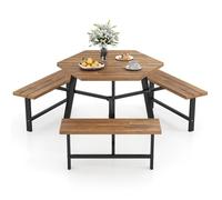 GIANTEX Table de Pique-nique pour 6 Personnes, Table en Bois d'Acacia avec Trou pour Parasol et 3 Bancs, Structure en Métal