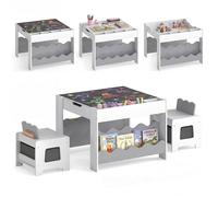 GIANTEX Table Enfant avec 2 Chaises Plateau Réversible Tableau Noir Bibliothèques Latérales Tiroirs en Tissu Amovibles Gris
