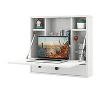 GIANTEX Table murale pliante en bois avec étagères et tiroirs, bureau pour ordinateur, montage mural, 60 x 15 x 57 cm (blanc)