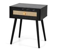 GIANTEX Tables de Chevet Cannage-Table d'Appoint Bohème-Table de Nuit-Tiroir en Rotin-Pieds en Pin-48x40x58cm-Chambre, Salon-Noir