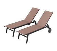 GIANTEX Transat Jardin Exterieur avec roulettes Lot de 2, Bain de Soleil en Métal, Dossier Réglable en 6 Positions, Tissu Respirant, Design Inclinable, Chaise Longue pour Terrasse, Jardin, Marron
