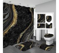 Gibelle Lot de 4 Rideaux de Douche de Luxe en marbre avec Tapis antidérapants, Housse d'abattant de Toilette et Tapis de Bain, Ensemble de décoration de Salle de Bain Noir et doré avec Rideau de