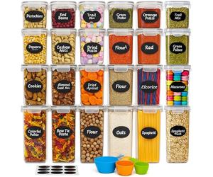 GiDeli Lot de 24 boîtes de conservation avec couvercles hermétiques - Grands contenants en plastique pour la cuisine - Sans BPA - Organisateurs pour farine, sucre et céréales - Avec stylo et