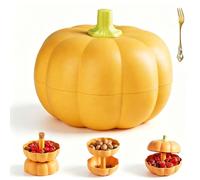 Gienslru Bol à snacks citrouille à 2 niveaux avec plateaux compartimentés - Support réglable avec couvercle pour Halloween - Plateau de service amovible pour bonbons, fruits et fruits secs (Orange)