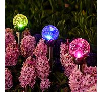 GIGALUMI Lot de 3 lampes solaires d'extérieur en forme de boule de verre craquelé à double LED, lumières de paysage/allée pour chemin, terrasse, cour, changement de couleur et blanc