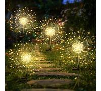 GIGALUMI Lot de 4 Solaires Extérieur Jardin,120 LED Feux d'artifice Solaires,Étanche Lampe Solaire de Pissenlit pour Cour, Pelouse, Fête, Patio, Décoration de Mariage (blanc chaud)