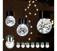 GIGALUMI Lot de 8 lampes solaires à suspendre en verre craquelé avec poignée pour jardin, cour, terrasse, pelouse (blanc froid)