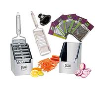 GIGANT Mandoline de Cuisine 6 en 1, Set Complet Coupe Légumes Multifonctions avec Boîte de Rangement en Acier Inoxydable, 5 Inserts Supplémentaires, 1 Poussoir de Sécurité